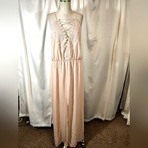 WAYF Lace Maxi Dress, Criss Cross Bus Straps Elastic Waist, Long. Leg Slit, L